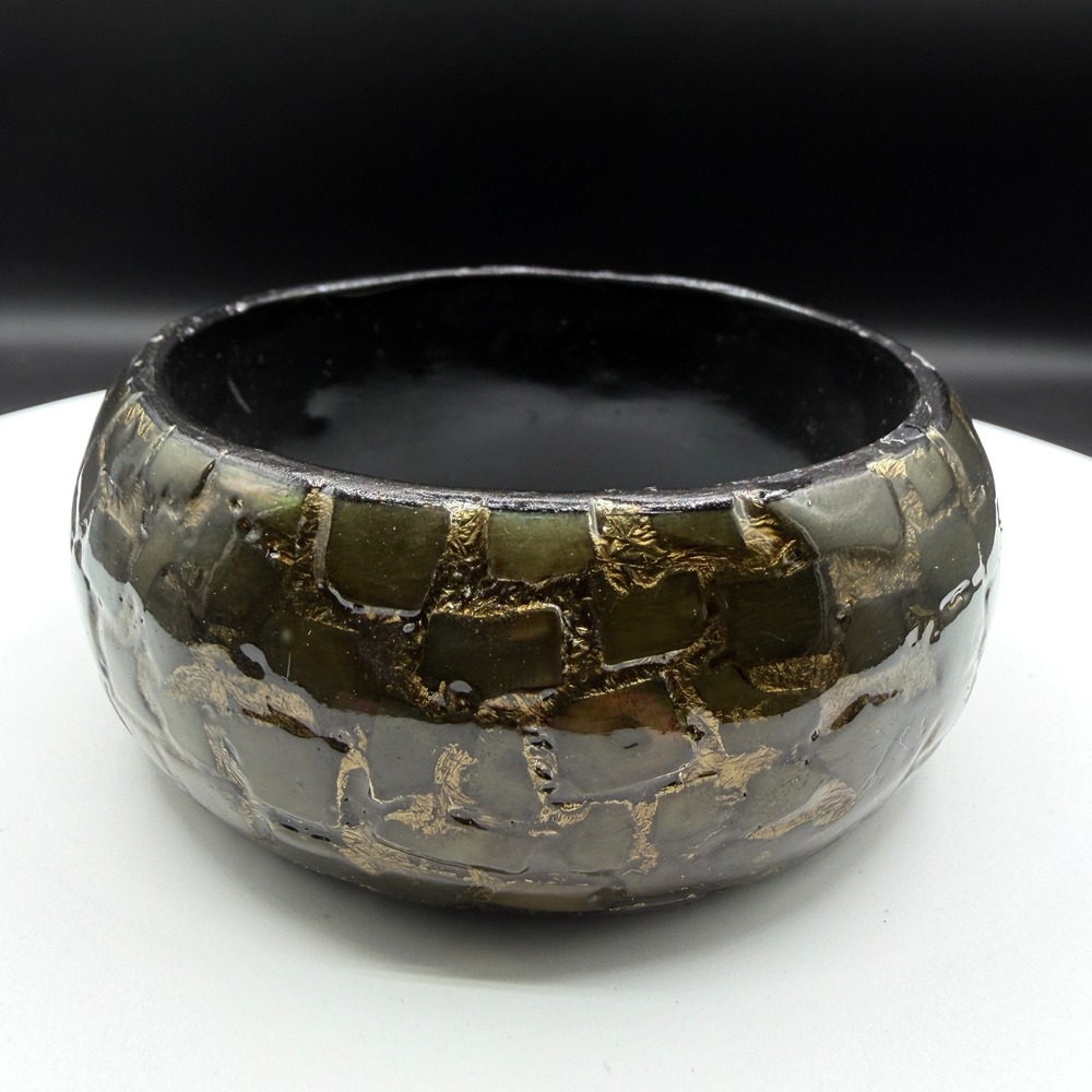 Olive Green Shell Mosaic Gold Tone Foil Black Resin Wide Bangle Bracelet Y2K